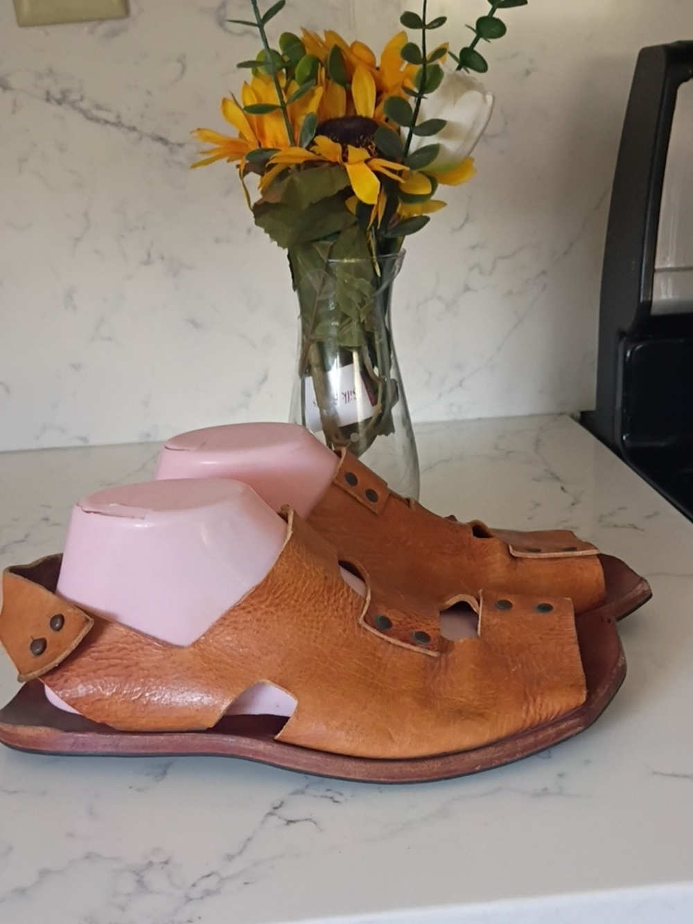 CYDWOQ Brown Leather Slide Sandals WOMEN'S
